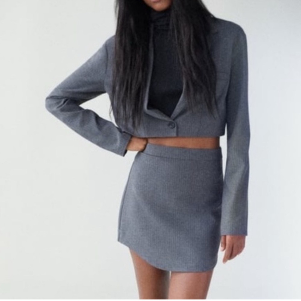 ZARA Matching Set - Grey Pinstripe Mini Skirt & Cropped Blazer